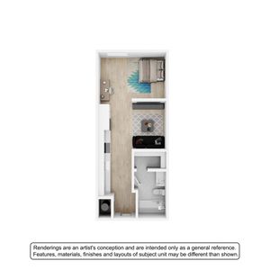 Modern open-concept studio apartment floor plan featuring a cozy sleeping area, stylish living space, and compact kitchen, perfect for urban living.