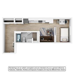 Contemporary apartment floor plan showcasing a clever layout with a bedroom, cozy living area, elegant kitchen, and modern bathroom design.