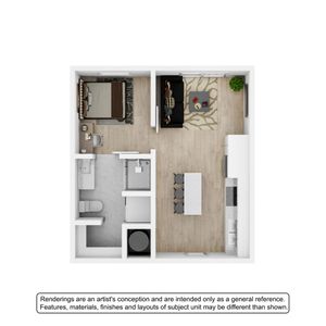 Modern 3D floor plan with a cozy bedroom, sleek kitchen, spacious living area, and stylish bathroom.