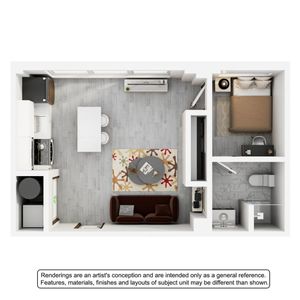 Modern studio apartment floor plan featuring an open-concept living area, compact kitchen with island dining, cozy bedroom, and a sleek bathroom.