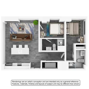 Contemporary floor plan showcasing a stylish apartment with two bedrooms, cozy living room, modern kitchen, and two sleek bathrooms.