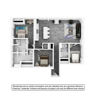 Modern 3D floor plan featuring three bedrooms, stylish open-concept living and dining area, a sleek kitchen, and two spacious bathrooms.