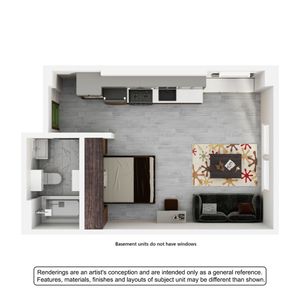 Contemporary 3D floor plan of a compact apartment featuring an open-concept living room and kitchen, cozy bedroom, and a modern bathroom. Ideal for efficient living with stylish design elements.