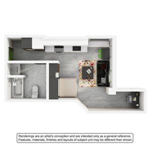 Modern open-concept floor plan featuring a cozy living area, functional kitchen, spacious bedroom, and stylish bathroom. Perfect for urban living.
