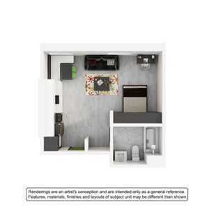 Modern studio apartment floor plan featuring an open-concept living area with stylish kitchen, cozy sleeping space, and sleek bathroom.