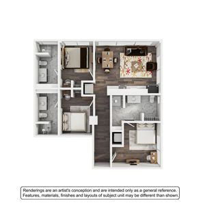 Elegant 3D floor plan showcasing 3 bedrooms, a stylish open-concept living and dining area, and two modern bathrooms with chic finishes.