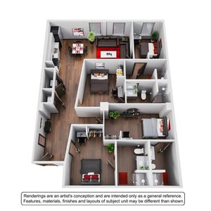 Modern 3D floor plan showcasing three spacious bedrooms, an elegant open-plan living and dining area, and a sleek kitchen with contemporary finishes.