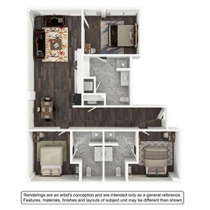 Contemporary 3D floor plan showcasing a modern 3-bedroom layout with open-concept living and dining areas, sleek kitchen, and two elegant bathrooms, ideal for stylish living.