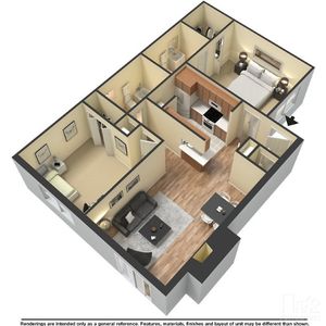 Modern 3D floor plan showcasing a cozy apartment with two bedrooms, a stylish open kitchen, and an inviting living area.