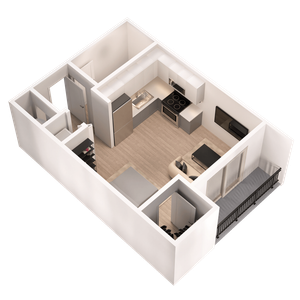 Modern 3D floor plan showcasing an open-concept design with a cozy living area, sleek kitchen, and balcony access.