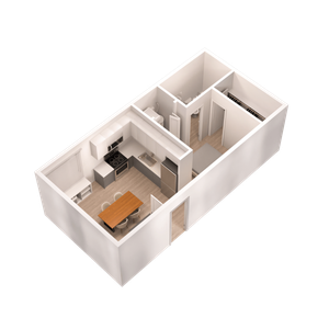 Chic 3D apartment floor plan showcasing a modern open kitchen with a dining area, cozy living space, and a streamlined hallway leading to private rooms.