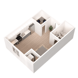 Modern 3D floor plan showcasing a stylish studio apartment with an open kitchen, cozy bedroom nook, and sleek bathroom layout.