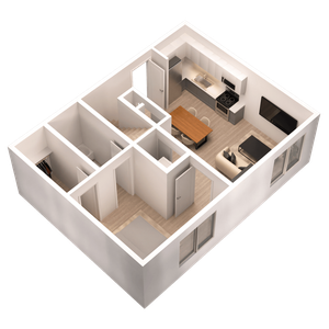 Chic 3D floor plan featuring two bedrooms, a modern kitchen with dining area, and a cozy living space.