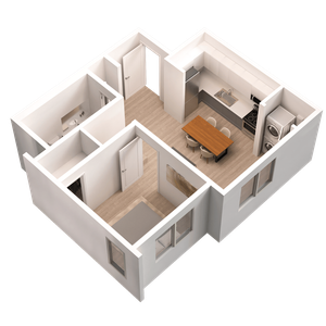 Elegant 3D floor plan showcasing a modern one-bedroom layout with an open-concept kitchen and inviting living area.