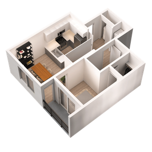 Modern 3D floor plan showcasing an efficient 2-bedroom layout, cozy living area, and sleek kitchen, perfect for contemporary living.