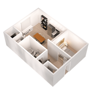 Modern 3D apartment layout featuring a cozy living area, stylish kitchen, and a spacious dining space.