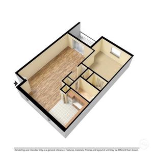 Modern 3D floor plan showcasing an open living area, compact kitchen, and cozy bedroom with large windows.