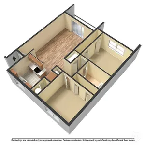 Modern 3D apartment floor plan featuring two bedrooms, a spacious living area with hardwood floors, sleek kitchen, and a private balcony.
