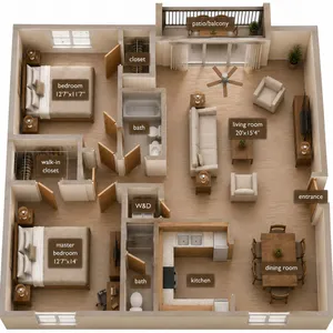 Modern 3D floor plan showcasing a spacious living room with balcony access, two bedrooms, open kitchen, dining area, and two bathrooms, designed for comfort and style.