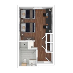 Modern floor plan displaying a twin bedroom suite with dual workstations and an ensuite bathroom.
