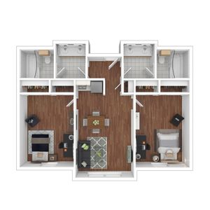 3D floor plan featuring two bedrooms, open living area, modern kitchen, and two bathrooms.
