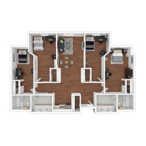 3D floor plan displaying 3 bedrooms, a modern living area, and a sleek kitchen.