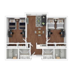 3D floor plan illustrating two bedrooms, a modern open living area, and a functional kitchen.