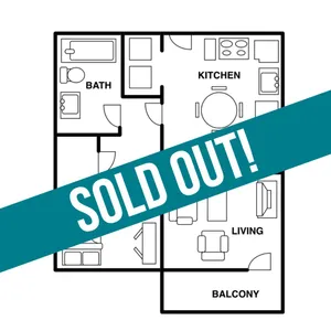 Efficient floor plan highlighting a cozy 1-bedroom apartment with a modern kitchen, living room, and private balcony, now sold out.