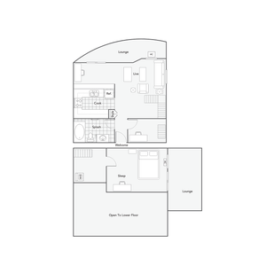 Modern two-story floor plan featuring a cozy lounge, open-concept living area, sleek kitchen, and spacious bedroom with access to an airy loft space.