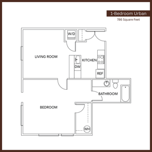 Contemporary 1-bedroom urban floor plan, 786 sq ft, featuring a spacious living room, modern kitchen, and bathroom.