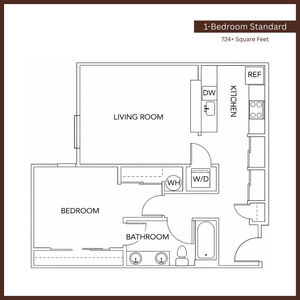 Elegant 1-bedroom standard floor plan with a spacious living room, modern kitchen, and convenient amenities, 724+ square feet.