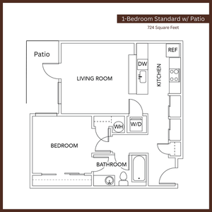 Modern 1-bedroom floor plan with patio, featuring a spacious living room, fully-equipped kitchen, and bathroom, totaling 724 square feet.