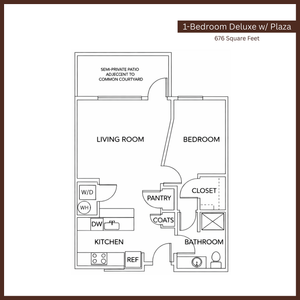Inviting 1-bedroom deluxe floor plan with semi-private patio, spacious living room, and modern kitchen in 676 square feet.