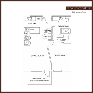 Elegant 1-Bedroom Deluxe floor plan with spacious living room, modern kitchen, and semi-private patio, covering 733 square feet.