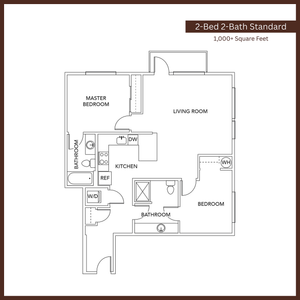 Modern floor plan showcasing a 2-bed, 2-bath layout over 1,000 square feet with a spacious living room and well-appointed kitchen.