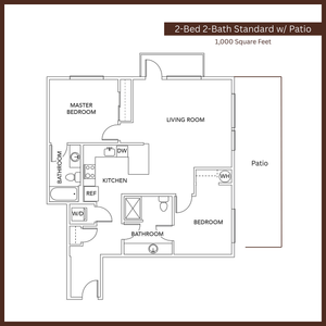 Modern 2-bedroom, 2-bathroom floor plan featuring a spacious living room, kitchen, and a private patio, 1,000 square feet.