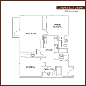 Elegant 2-Bed 2-Bath Deluxe floor plan featuring a spacious living room, modern kitchen, and master bedroom, covering 1,035 square feet.