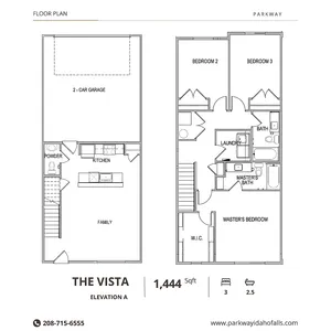 The Vista floor plan showcasing 1,444 sq ft with 3 bedrooms, 2.5 baths, spacious family area, modern kitchen, and 2-car garage.