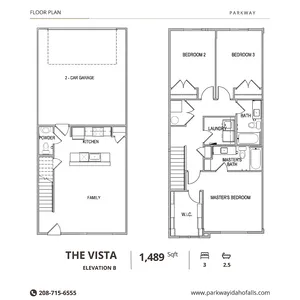 The Vista floor plan with 3 bedrooms, spacious family room, elegant kitchen, 2.5 baths, and a 2-car garage, totaling 1,489 sq ft.