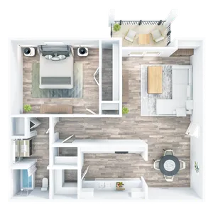Modern one-bedroom apartment floor plan with open living and dining area, stylish kitchen, cozy balcony, and elegant bathroom.