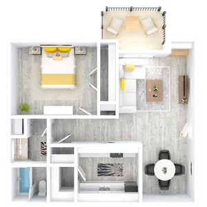 Chic 1-bedroom apartment floor plan featuring an open-concept living room, elegant kitchen, and cozy balcony with seating.
