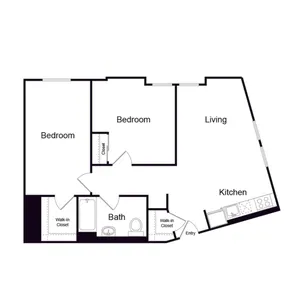 Modern 2-bedroom floor plan with spacious living area, well-appointed kitchen, and two walk-in closets, designed for comfort and style.