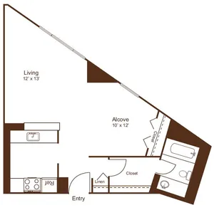 Modern floor plan showcasing an open living space with a kitchen, alcove, and stylish bathroom layout.