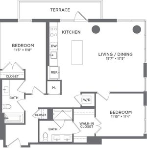Elegant floor plan showcasing 2 bedrooms, open kitchen, and expansive living/dining area leading to a terrace.