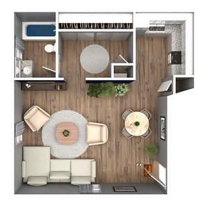 3D floor plan of a modern apartment featuring a spacious living area, integrated kitchen, chic dining space, and elegant bathroom.