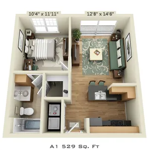 3D floor plan of a stylish studio apartment with a bedroom, living area, kitchenette, and modern bathroom.