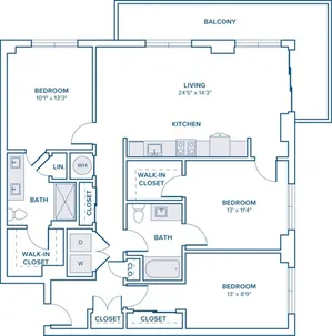 1371 square foot three bedroom two bath apartment floor plan in St. Petersburg, FL