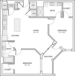 1090 square foot two bedroom two bath apartment floorplan image