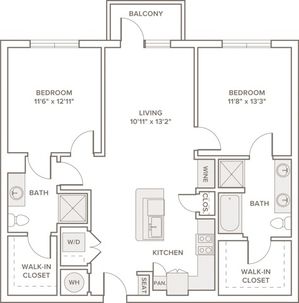1104 to 1310 square foot two bedroom two bath apartment floorplan image