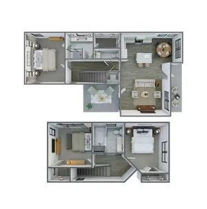 Modern two-level floor plan featuring three spacious bedrooms, two elegant bathrooms, an open-concept kitchen with island, and a cozy living area. Includes a charming patio space ideal for entertaining.